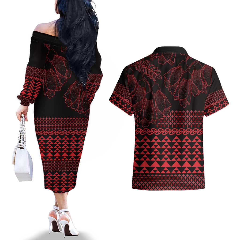 Red Taniko Kowhaiwhai Tukutuku Motif Couples Matching Off The Shoulder Long Sleeve Dress and Hawaiian Shirt LT9 - Polynesian Pride