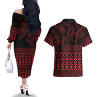 Red Taniko Kowhaiwhai Tukutuku Motif Couples Matching Off The Shoulder Long Sleeve Dress and Hawaiian Shirt LT9 - Polynesian Pride