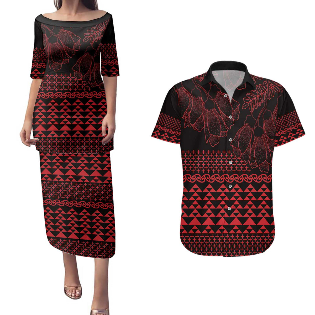 Red Taniko Kowhaiwhai Tukutuku Motif Couples Matching Puletasi and Hawaiian Shirt LT9 Red - Polynesian Pride