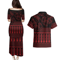 Red Taniko Kowhaiwhai Tukutuku Motif Couples Matching Puletasi and Hawaiian Shirt LT9 - Polynesian Pride