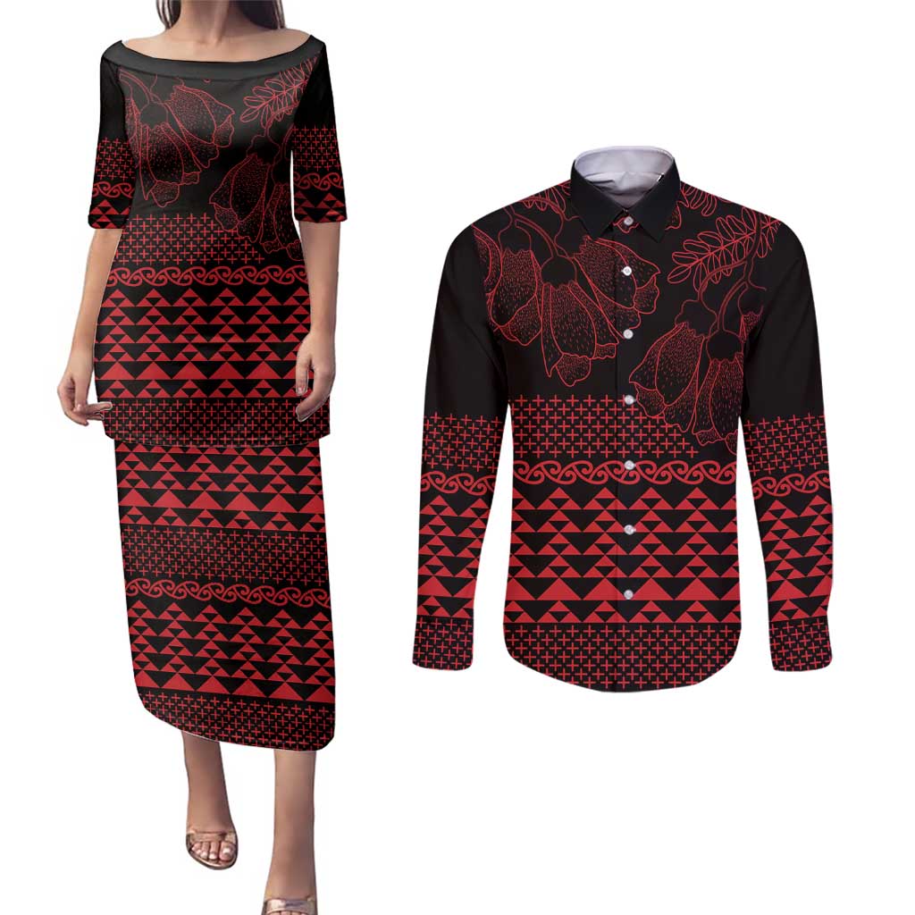 Red Taniko Kowhaiwhai Tukutuku Motif Couples Matching Puletasi and Long Sleeve Button Shirt LT9 Red - Polynesian Pride