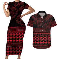 Red Taniko Kowhaiwhai Tukutuku Motif Couples Matching Short Sleeve Bodycon Dress and Hawaiian Shirt LT9 Red - Polynesian Pride