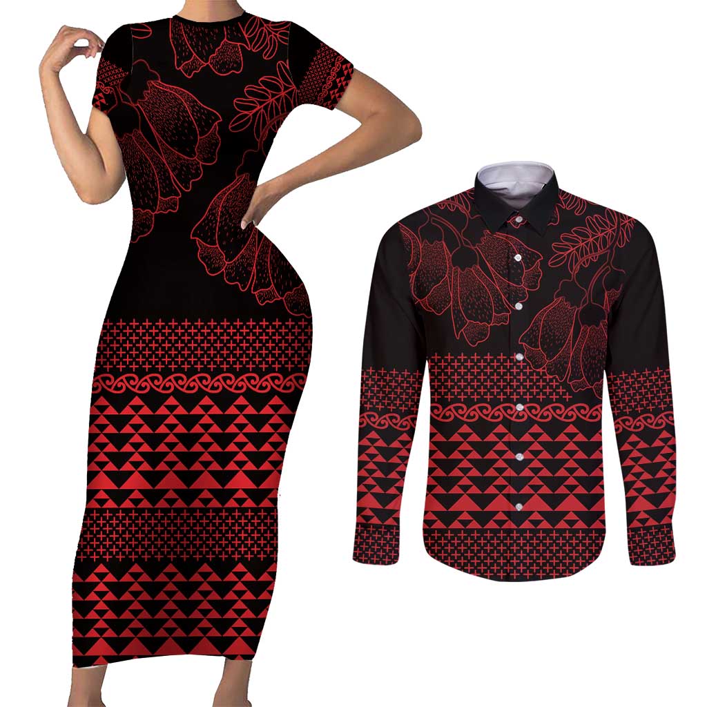 Red Taniko Kowhaiwhai Tukutuku Motif Couples Matching Short Sleeve Bodycon Dress and Long Sleeve Button Shirt LT9 Red - Polynesian Pride