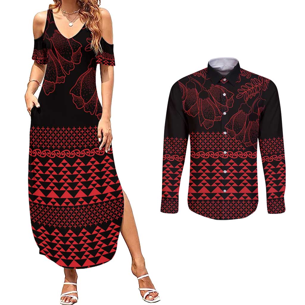 Red Taniko Kowhaiwhai Tukutuku Motif Couples Matching Summer Maxi Dress and Long Sleeve Button Shirt LT9 Red - Polynesian Pride