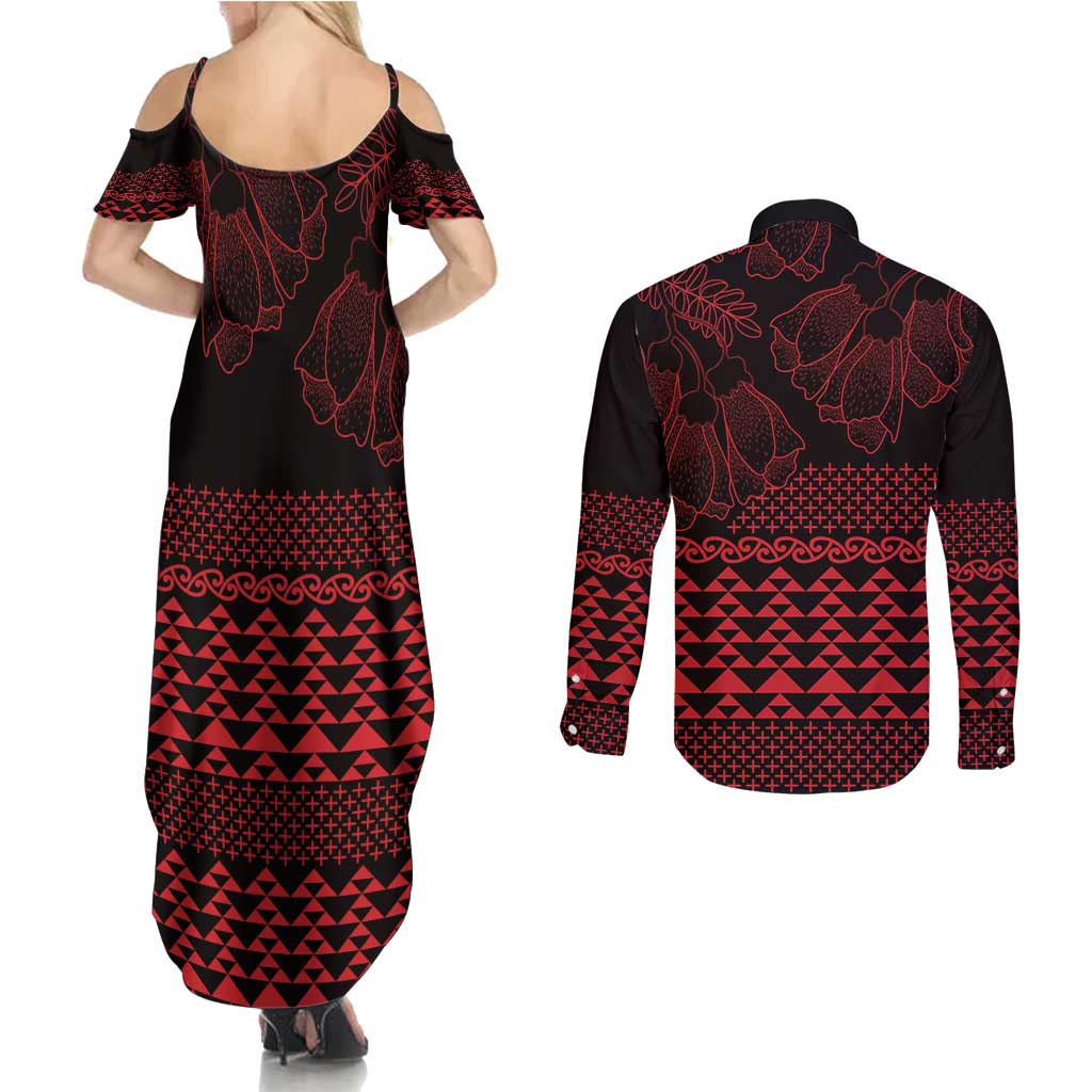 Red Taniko Kowhaiwhai Tukutuku Motif Couples Matching Summer Maxi Dress and Long Sleeve Button Shirt LT9 - Polynesian Pride