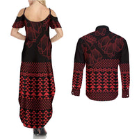 Red Taniko Kowhaiwhai Tukutuku Motif Couples Matching Summer Maxi Dress and Long Sleeve Button Shirt LT9 - Polynesian Pride