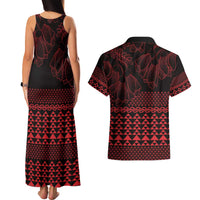 Red Taniko Kowhaiwhai Tukutuku Motif Couples Matching Tank Maxi Dress and Hawaiian Shirt LT9 - Polynesian Pride