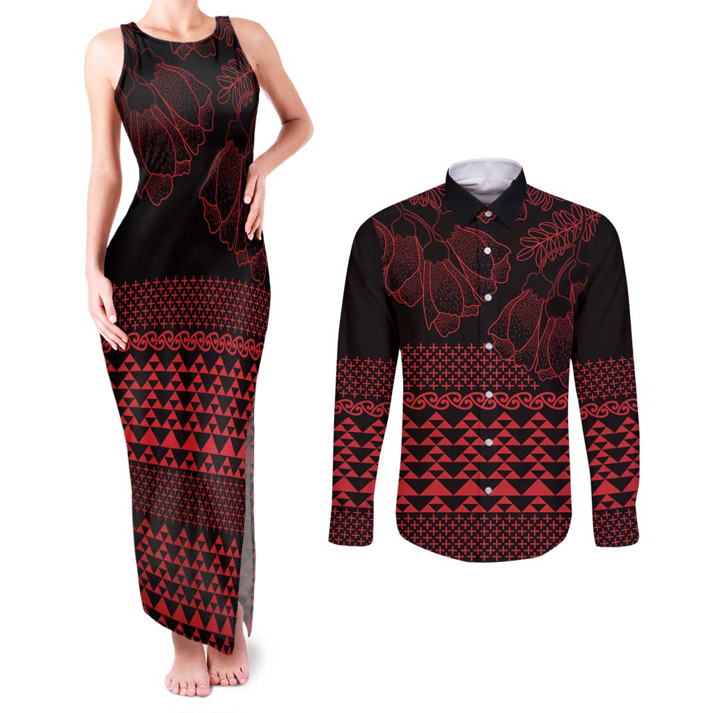 Red Taniko Kowhaiwhai Tukutuku Motif Couples Matching Tank Maxi Dress and Long Sleeve Button Shirt LT9 Red - Polynesian Pride
