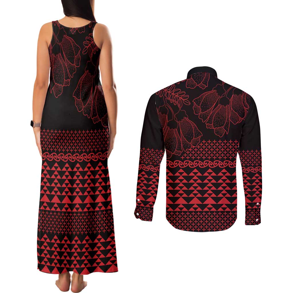 Red Taniko Kowhaiwhai Tukutuku Motif Couples Matching Tank Maxi Dress and Long Sleeve Button Shirt LT9 - Polynesian Pride