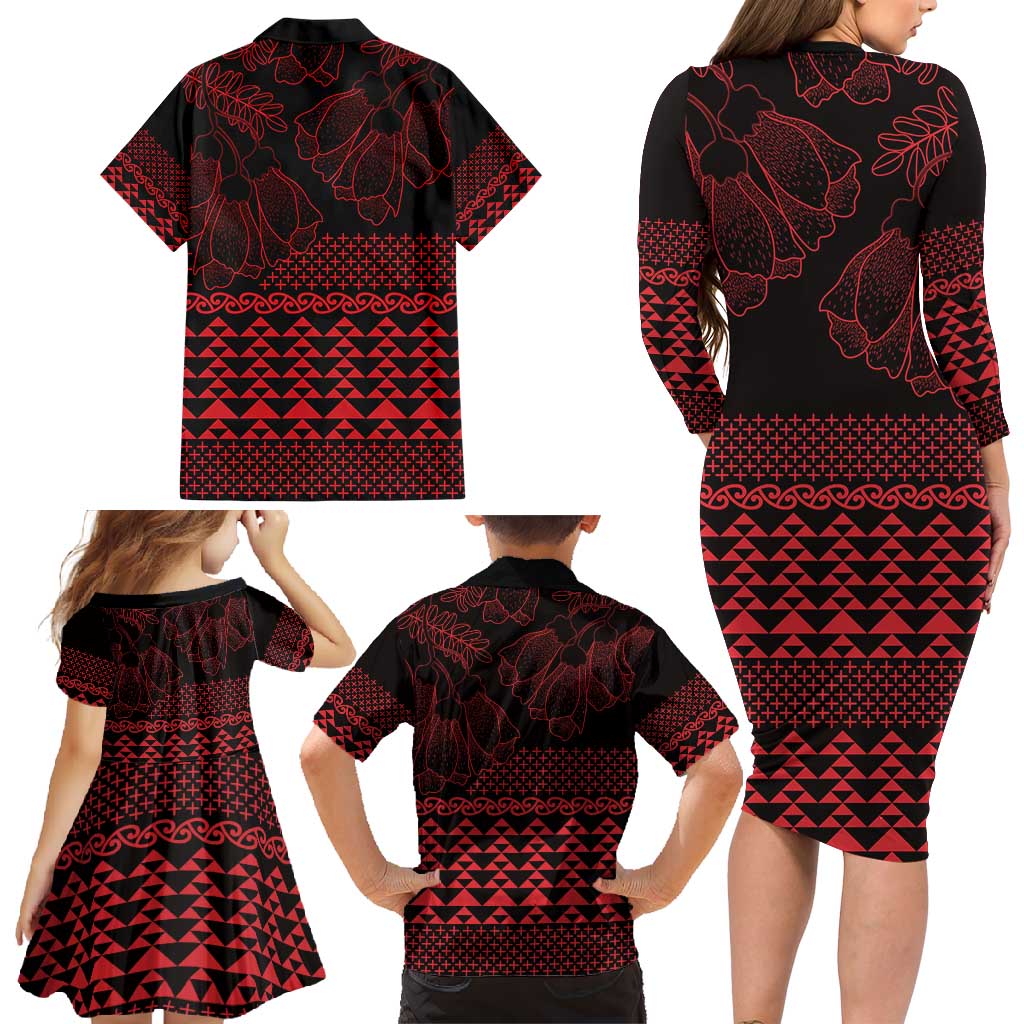 Red Taniko Kowhaiwhai Tukutuku Motif Family Matching Long Sleeve Bodycon Dress and Hawaiian Shirt LT9 - Polynesian Pride