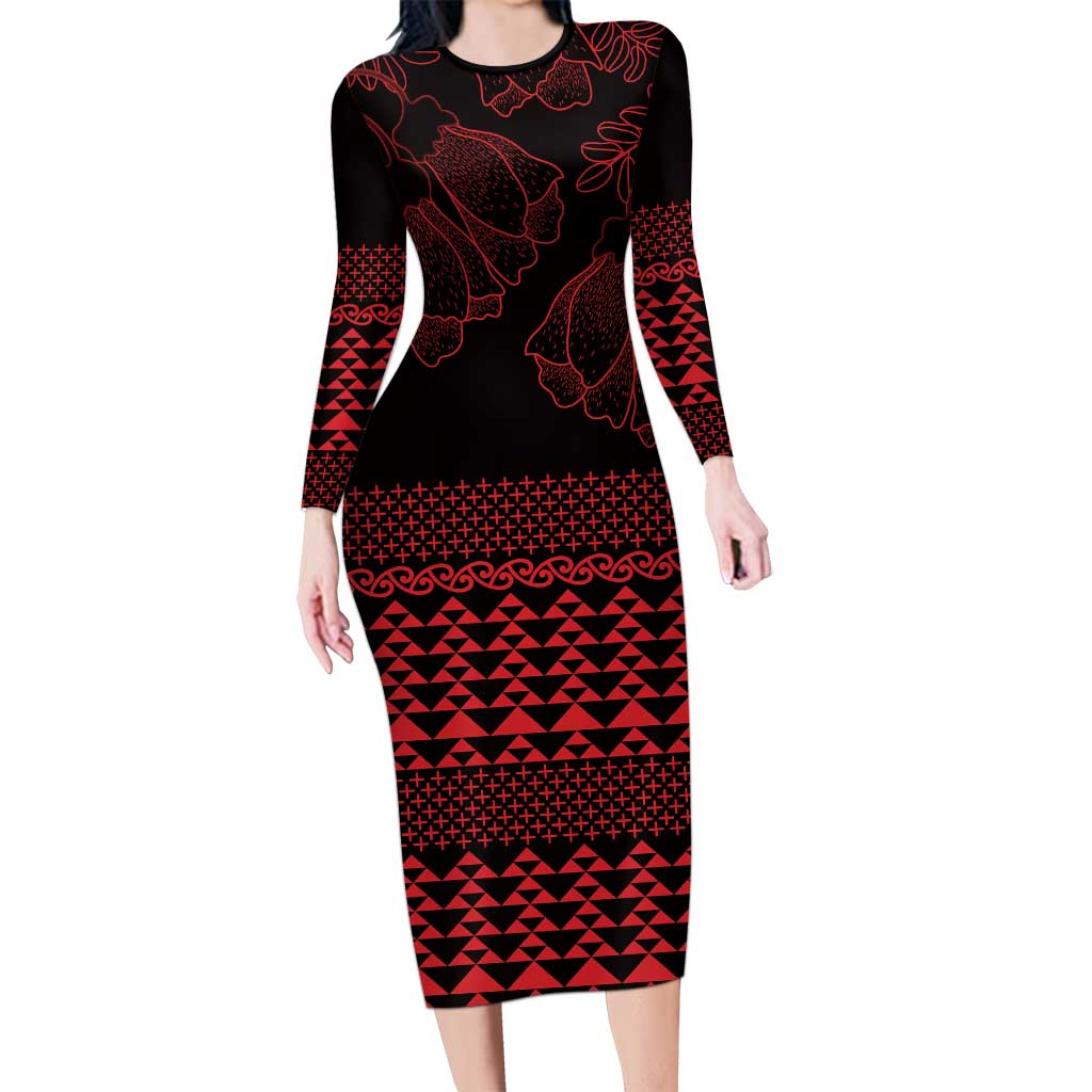 Red Taniko Kowhaiwhai Tukutuku Motif Family Matching Long Sleeve Bodycon Dress and Hawaiian Shirt LT9 Mom's Dress Red - Polynesian Pride
