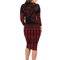 Red Taniko Kowhaiwhai Tukutuku Motif Family Matching Long Sleeve Bodycon Dress and Hawaiian Shirt LT9 - Polynesian Pride