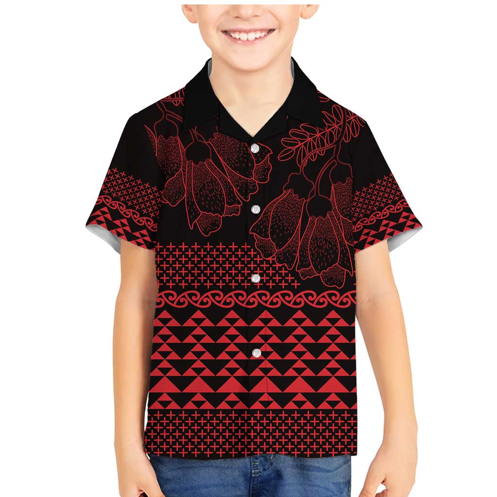 Red Taniko Kowhaiwhai Tukutuku Motif Family Matching Mermaid Dress and Hawaiian Shirt LT9 Son's Shirt Red - Polynesian Pride