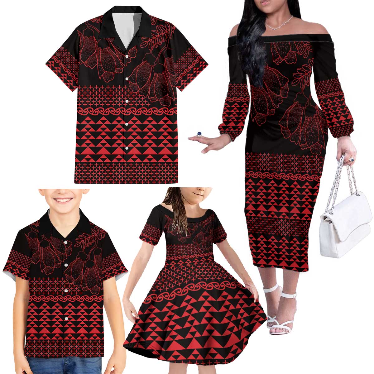 Red Taniko Kowhaiwhai Tukutuku Motif Family Matching Off The Shoulder Long Sleeve Dress and Hawaiian Shirt LT9 - Polynesian Pride