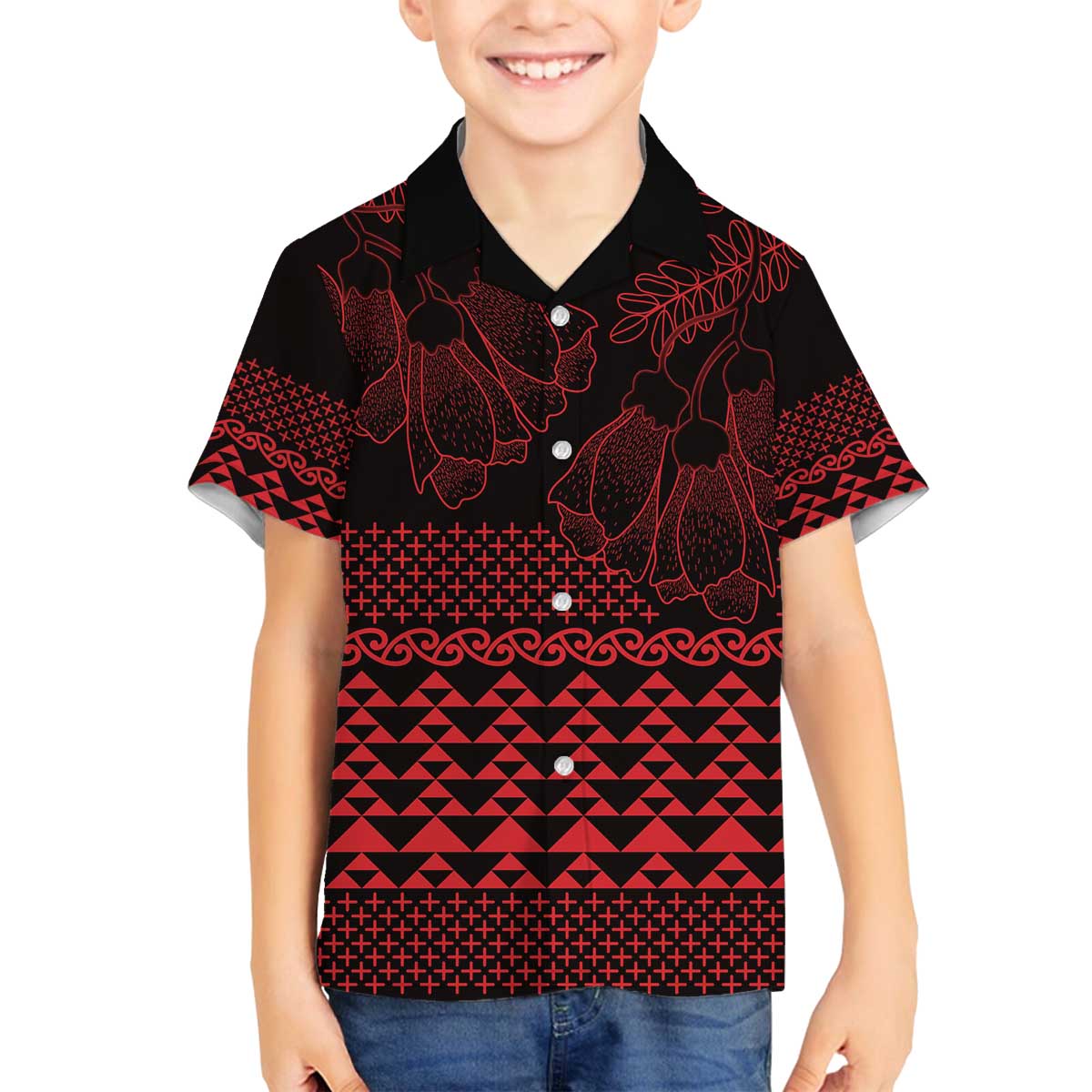 Red Taniko Kowhaiwhai Tukutuku Motif Family Matching Off The Shoulder Long Sleeve Dress and Hawaiian Shirt LT9 Son's Shirt Red - Polynesian Pride