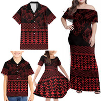 Red Taniko Kowhaiwhai Tukutuku Motif Family Matching Off Shoulder Maxi Dress and Hawaiian Shirt LT9 - Polynesian Pride