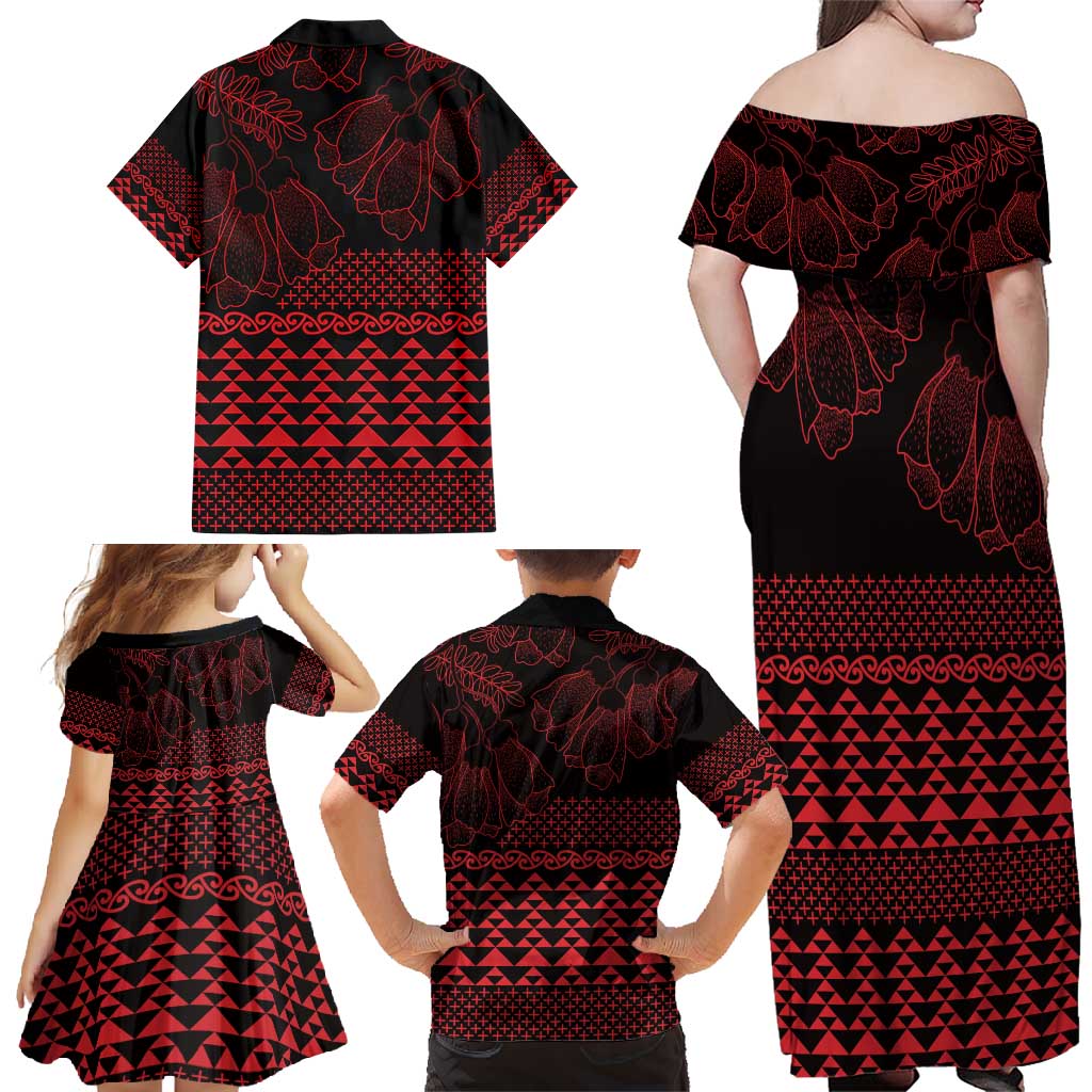 Red Taniko Kowhaiwhai Tukutuku Motif Family Matching Off Shoulder Maxi Dress and Hawaiian Shirt LT9 - Polynesian Pride