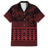 Red Taniko Kowhaiwhai Tukutuku Motif Family Matching Off Shoulder Maxi Dress and Hawaiian Shirt LT9 Dad's Shirt - Short Sleeve Red - Polynesian Pride