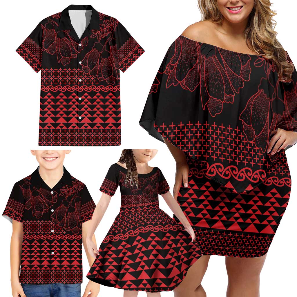 Red Taniko Kowhaiwhai Tukutuku Motif Family Matching Off Shoulder Short Dress and Hawaiian Shirt LT9 - Polynesian Pride