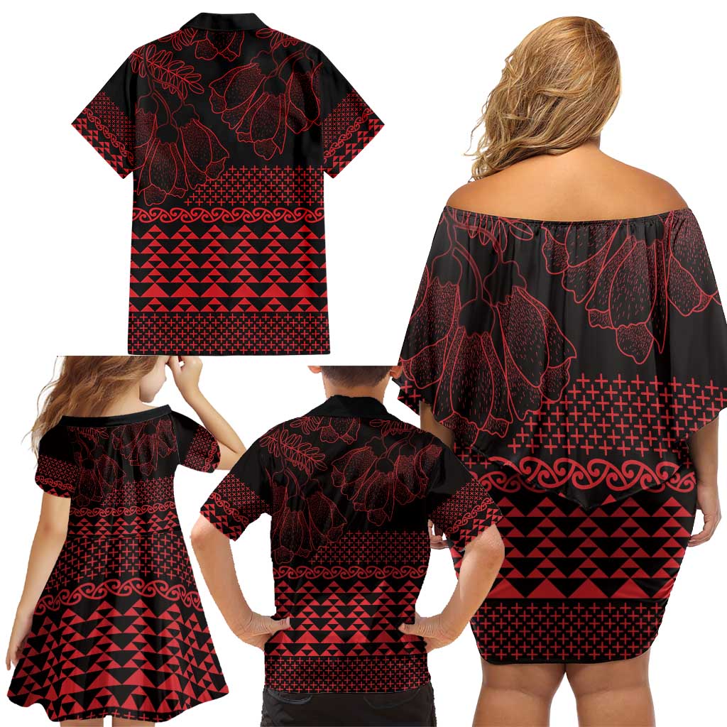Red Taniko Kowhaiwhai Tukutuku Motif Family Matching Off Shoulder Short Dress and Hawaiian Shirt LT9 - Polynesian Pride