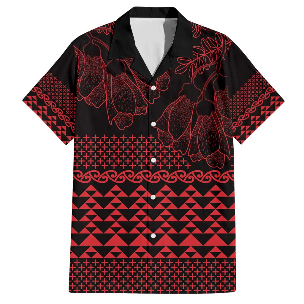 Red Taniko Kowhaiwhai Tukutuku Motif Family Matching Off Shoulder Short Dress and Hawaiian Shirt LT9 Dad's Shirt - Short Sleeve Red - Polynesian Pride