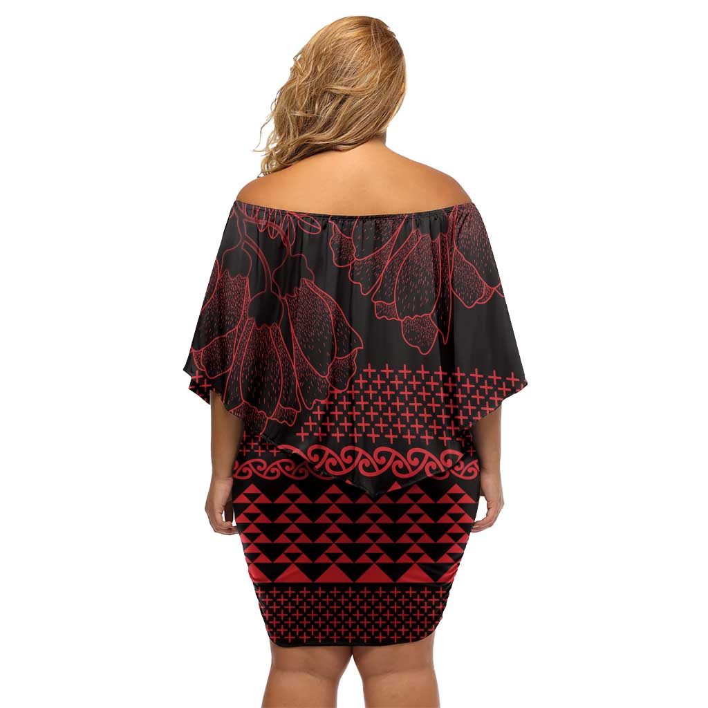 Red Taniko Kowhaiwhai Tukutuku Motif Family Matching Off Shoulder Short Dress and Hawaiian Shirt LT9 - Polynesian Pride