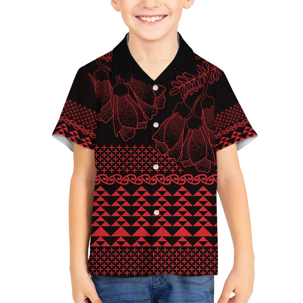 Red Taniko Kowhaiwhai Tukutuku Motif Family Matching Off Shoulder Short Dress and Hawaiian Shirt LT9 Son's Shirt Red - Polynesian Pride