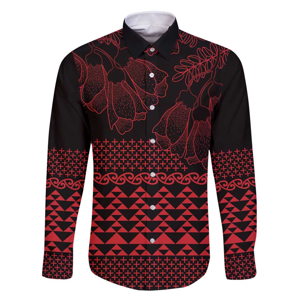 Red Taniko Kowhaiwhai Tukutuku Motif Family Matching Puletasi and Hawaiian Shirt LT9 Dad's Shirt - Long Sleeve Red - Polynesian Pride