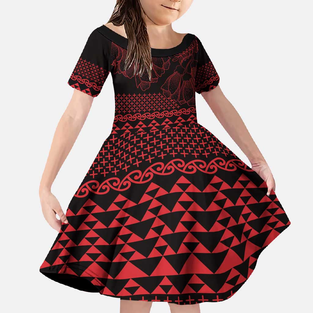 Red Taniko Kowhaiwhai Tukutuku Motif Family Matching Short Sleeve Bodycon Dress and Hawaiian Shirt LT9 Daughter's Dress Red - Polynesian Pride