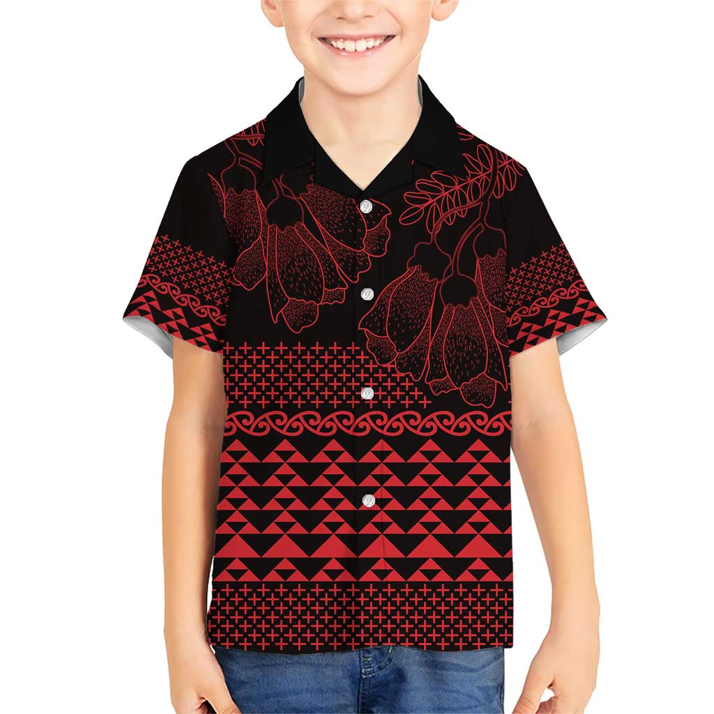 Red Taniko Kowhaiwhai Tukutuku Motif Family Matching Short Sleeve Bodycon Dress and Hawaiian Shirt LT9 Son's Shirt Red - Polynesian Pride