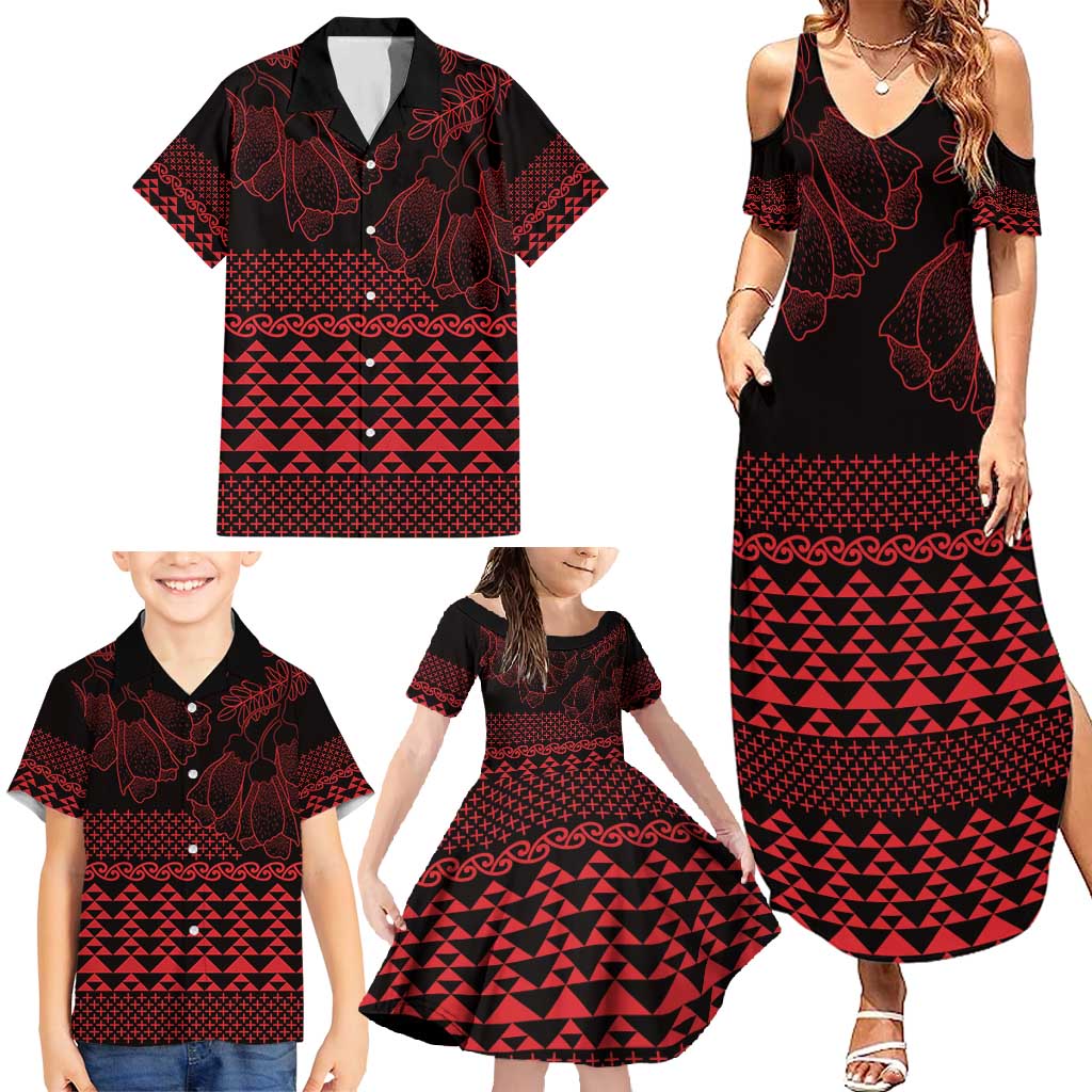 Red Taniko Kowhaiwhai Tukutuku Motif Family Matching Summer Maxi Dress and Hawaiian Shirt LT9 - Polynesian Pride
