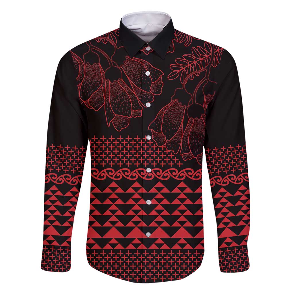 Red Taniko Kowhaiwhai Tukutuku Motif Family Matching Summer Maxi Dress and Hawaiian Shirt LT9 Dad's Shirt - Long Sleeve Red - Polynesian Pride