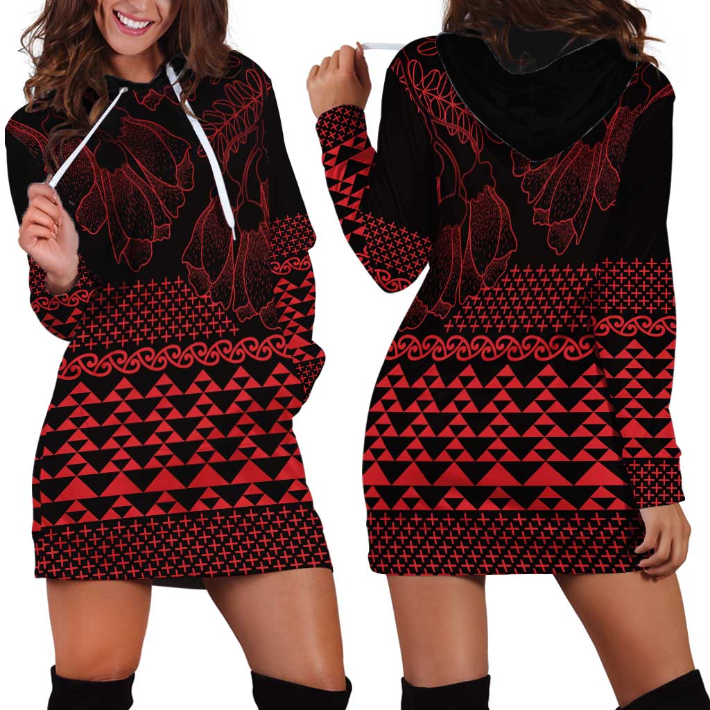 Red Taniko Kowhaiwhai Tukutuku Motif Hoodie Dress LT9 - Polynesian Pride