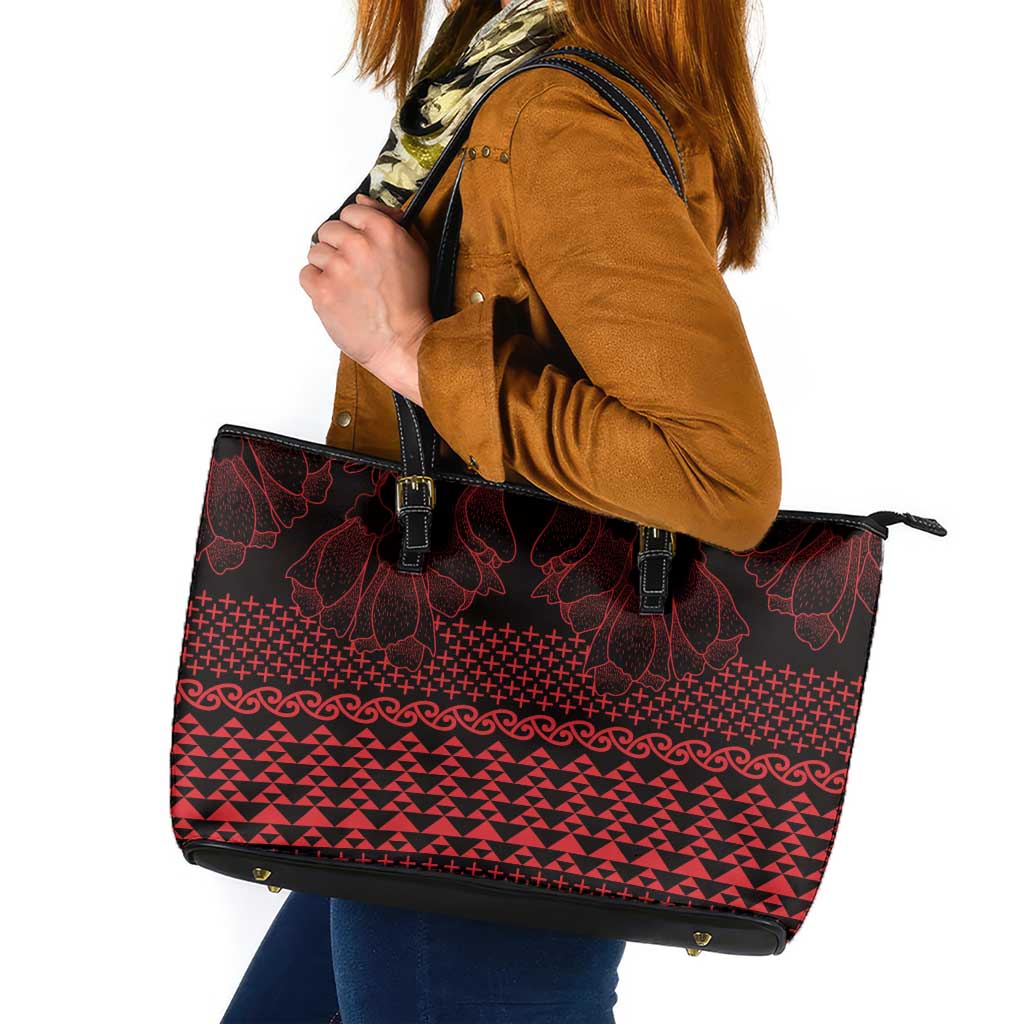 Red Taniko Kowhaiwhai Tukutuku Motif Leather Tote Bag LT9 Red - Polynesian Pride