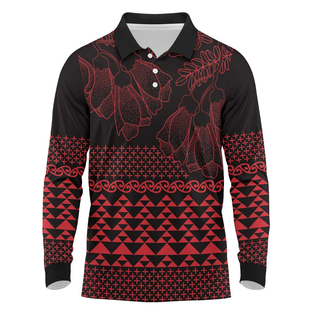 Red Taniko Kowhaiwhai Tukutuku Motif Long Sleeve Polo Shirt LT9 Red - Polynesian Pride