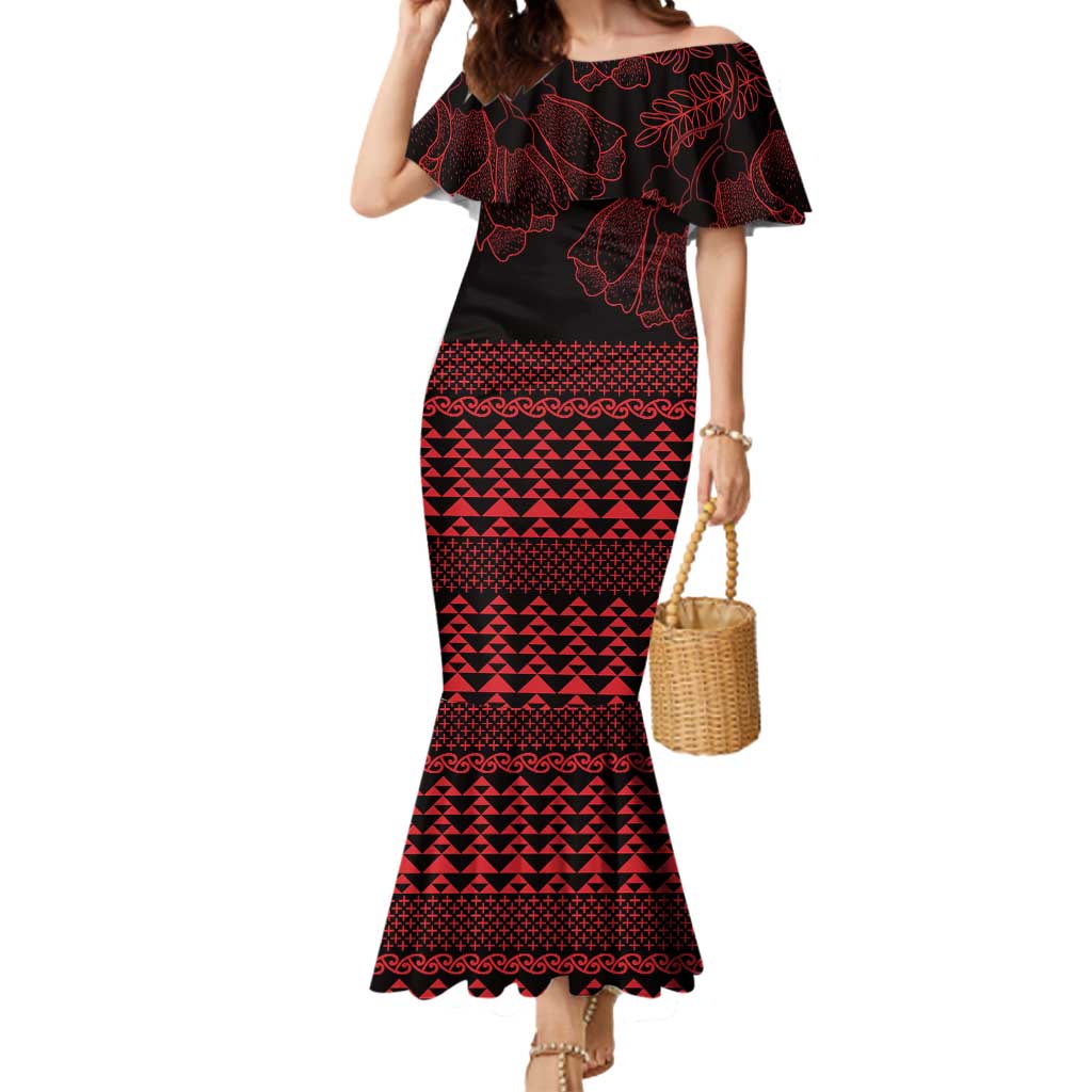 Red Taniko Kowhaiwhai Tukutuku Motif Mermaid Dress LT9 Women Red - Polynesian Pride