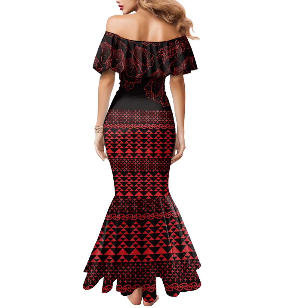 Red Taniko Kowhaiwhai Tukutuku Motif Mermaid Dress LT9 - Polynesian Pride
