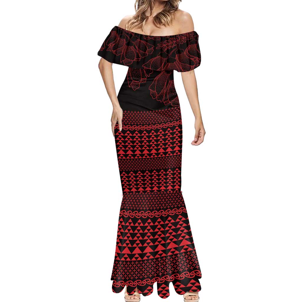 Red Taniko Kowhaiwhai Tukutuku Motif Mermaid Dress LT9 - Polynesian Pride