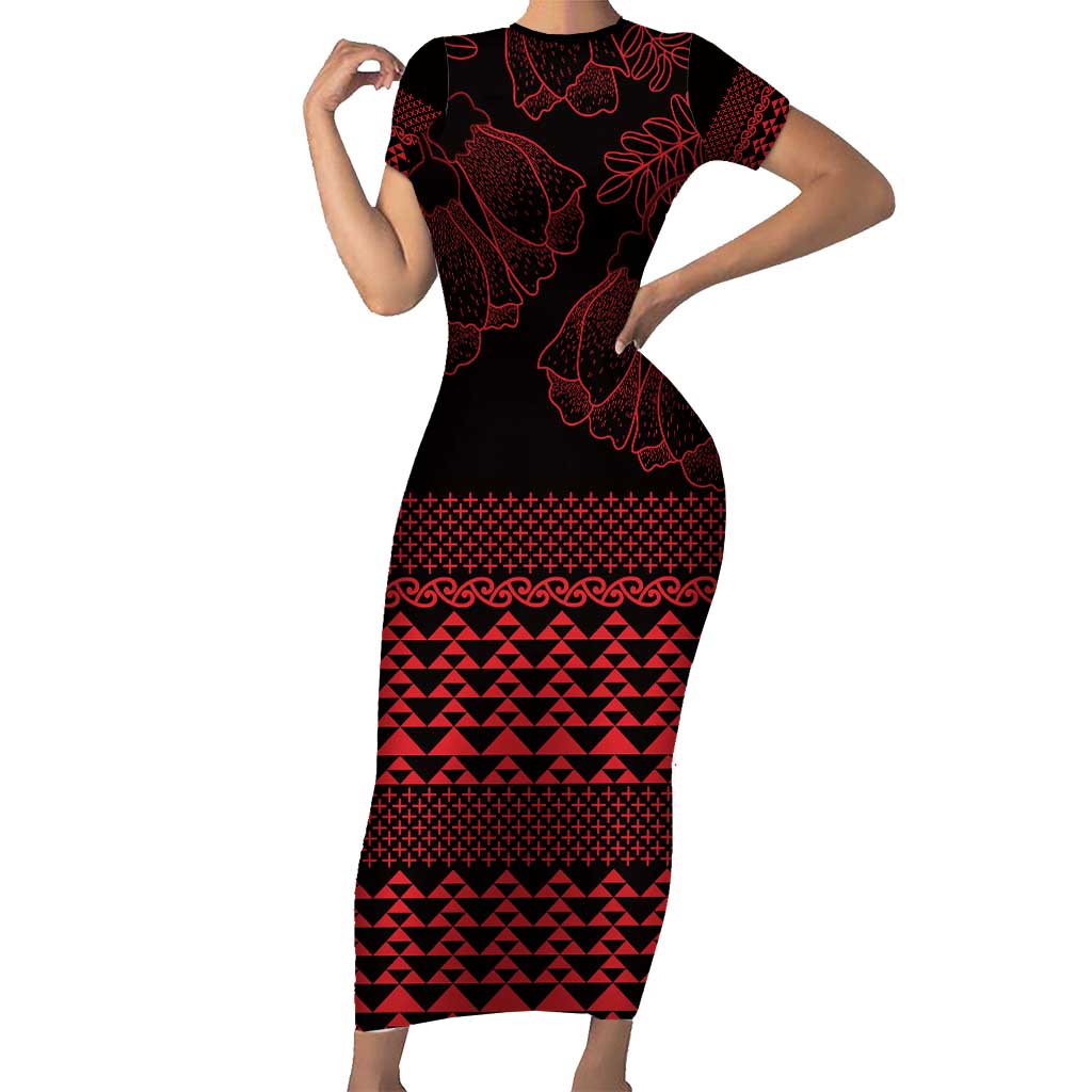 Red Taniko Kowhaiwhai Tukutuku Motif Short Sleeve Bodycon Dress LT9 Long Dress Red - Polynesian Pride