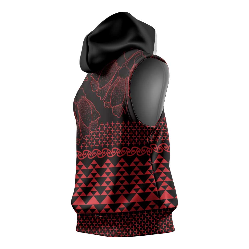 Red Taniko Kowhaiwhai Tukutuku Motif Sleeveless Hoodie - Polynesian Pride