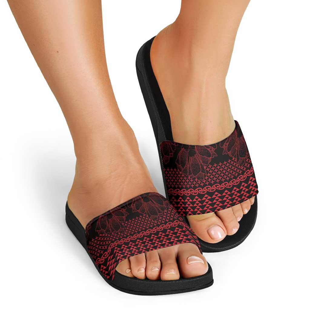 Red Taniko Kowhaiwhai Tukutuku Motif Slide Sandals - Polynesian Pride