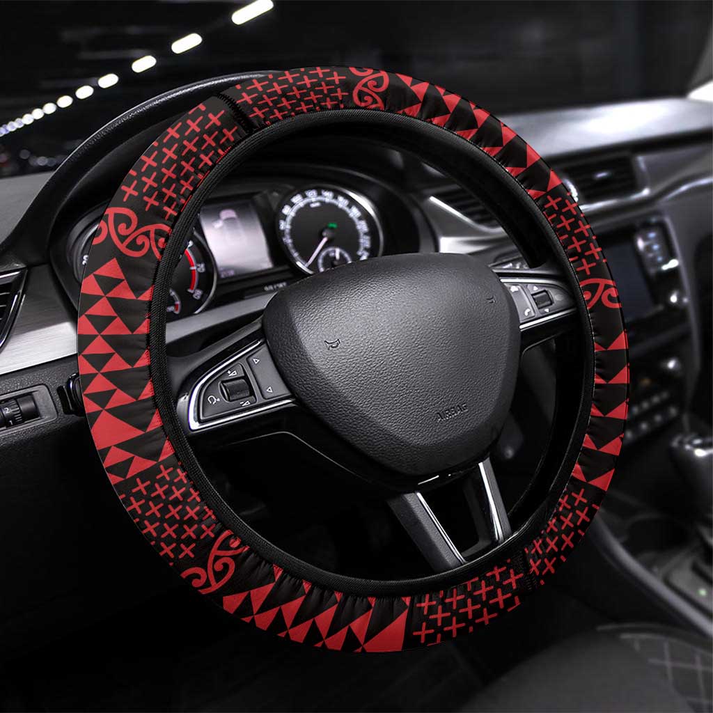 Red Taniko Kowhaiwhai Tukutuku Motif Steering Wheel Cover LT9 Universal Fit Red - Polynesian Pride