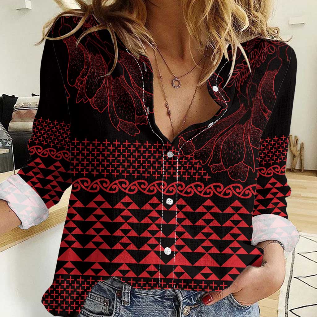 Red Taniko Kowhaiwhai Tukutuku Motif Women Casual Shirt LT9 Female Red - Polynesian Pride
