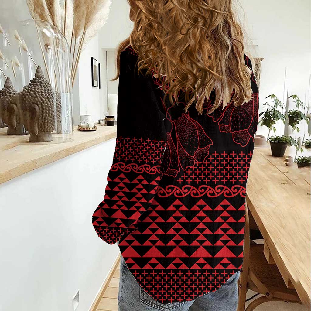 Red Taniko Kowhaiwhai Tukutuku Motif Women Casual Shirt LT9 - Polynesian Pride