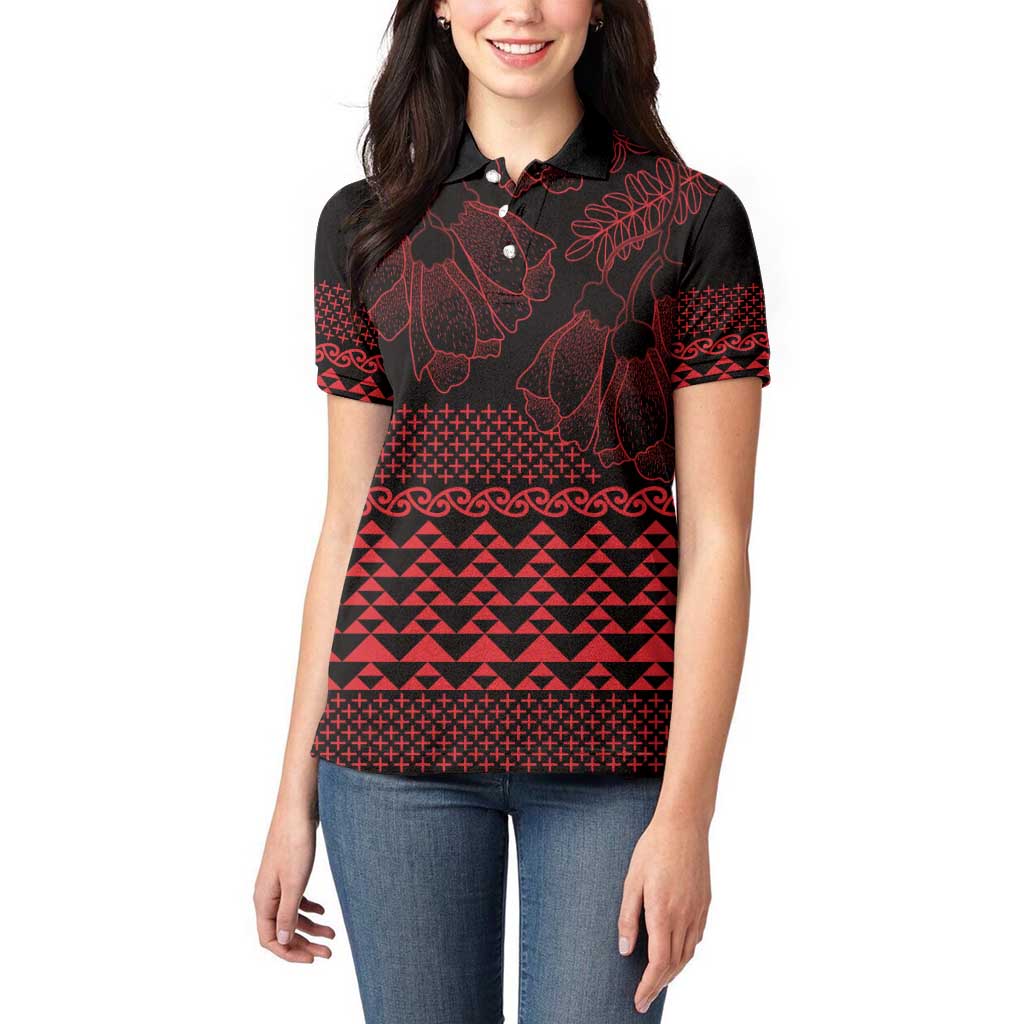 Red Taniko Kowhaiwhai Tukutuku Motif Women Polo Shirt LT9 - Polynesian Pride
