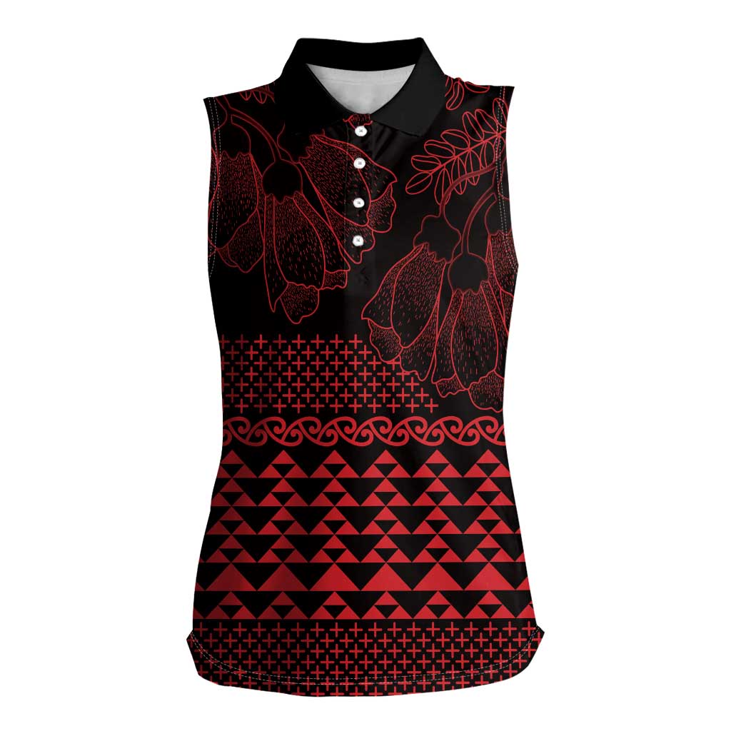 Red Taniko Kowhaiwhai Tukutuku Motif Women Sleeveless Polo Shirt LT9 Female Red - Polynesian Pride