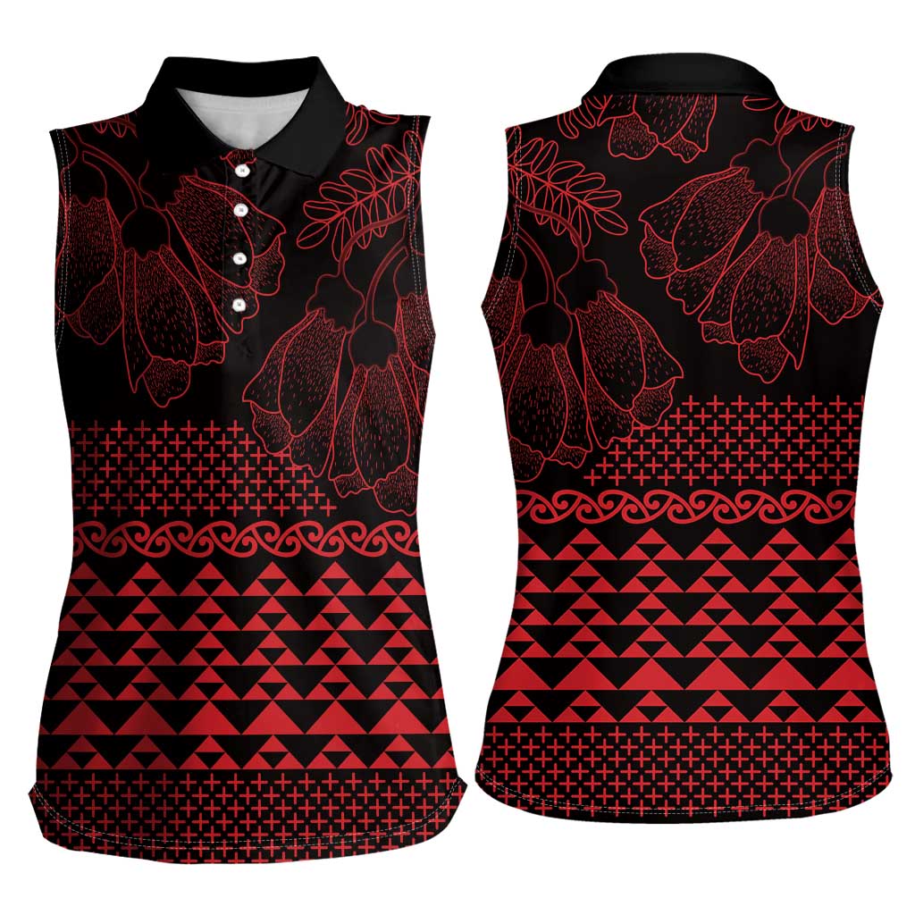 Red Taniko Kowhaiwhai Tukutuku Motif Women Sleeveless Polo Shirt LT9 - Polynesian Pride