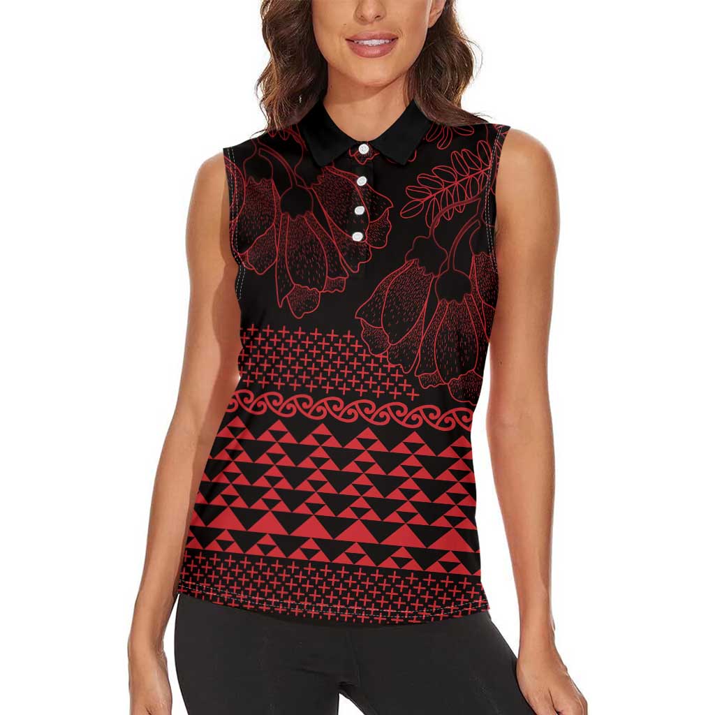 Red Taniko Kowhaiwhai Tukutuku Motif Women Sleeveless Polo Shirt LT9 - Polynesian Pride