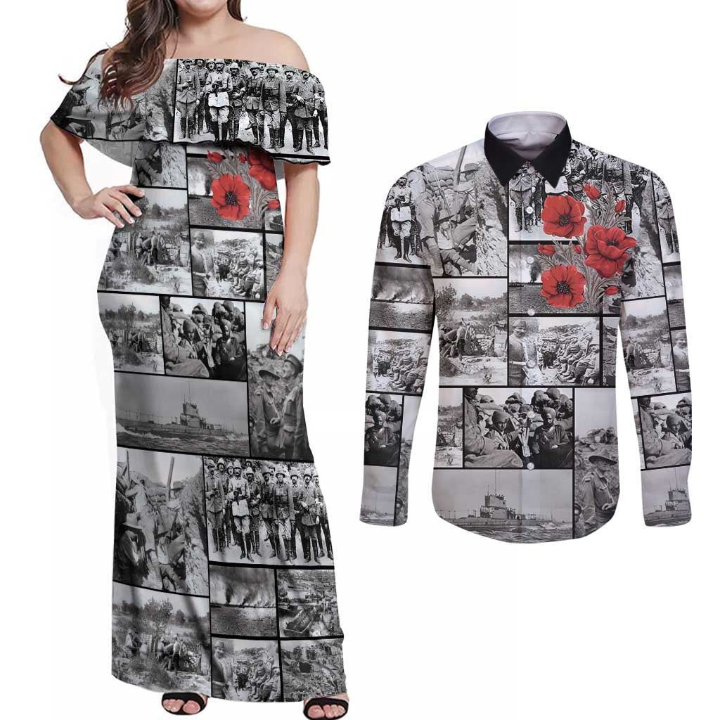 ANZAC Day Gallipoli Campaign Couples Matching Off Shoulder Maxi Dress and Long Sleeve Button Shirt To The End They Remain LT9 Black - Polynesian Pride