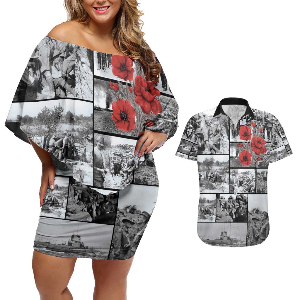 ANZAC Day Gallipoli Campaign Couples Matching Off Shoulder Short Dress and Hawaiian Shirt To The End They Remain LT9 Black - Polynesian Pride